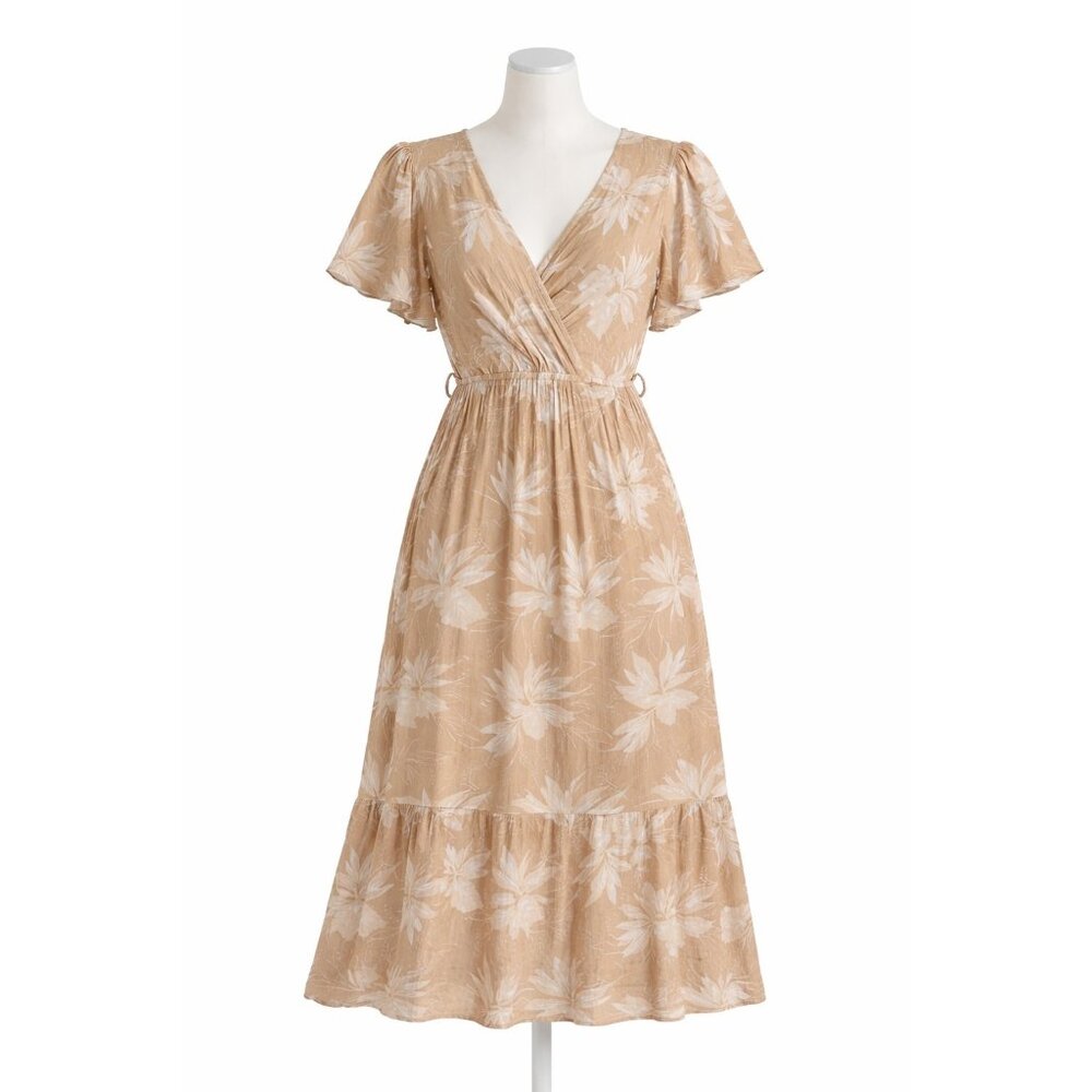 XL‎ Floral Wrap Midi Dress Beige Boho NWT Cassee’s New York